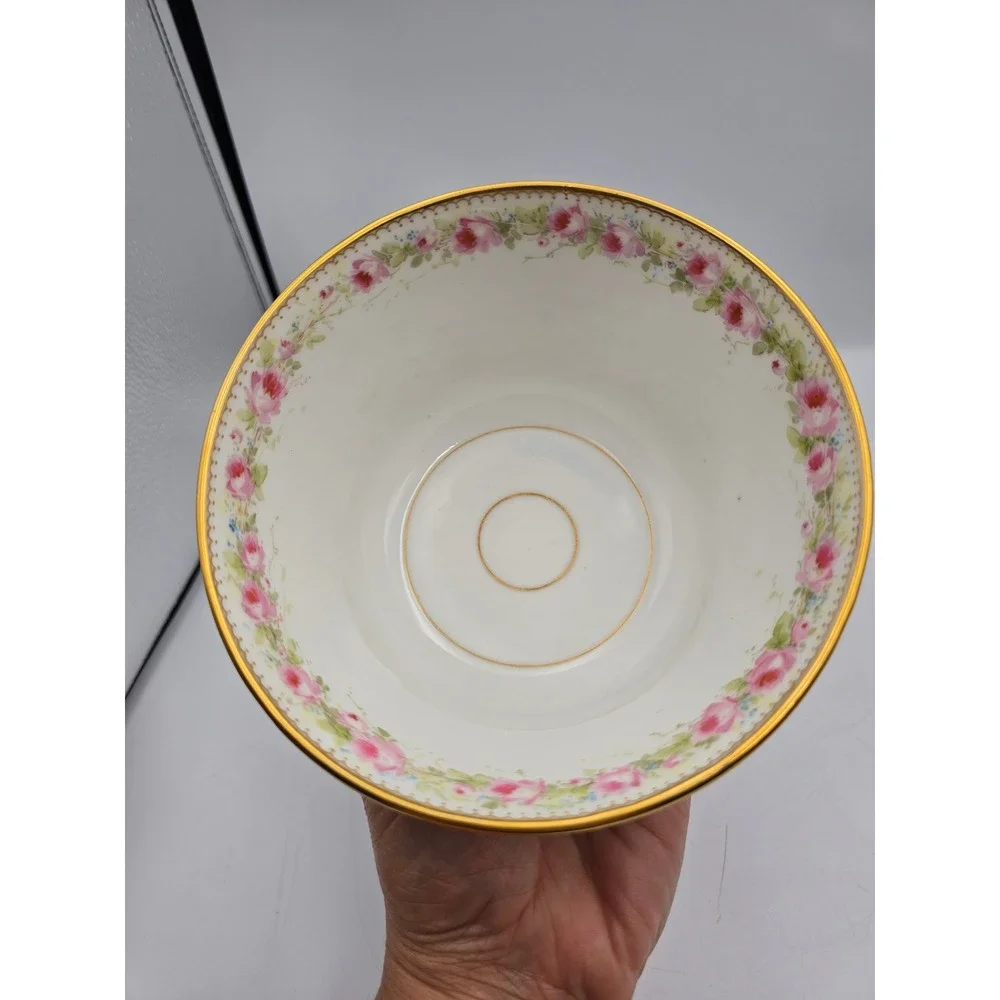 Antique Hand Painted Porcelain Bowl 1896 Pink Roses‎ Gold Gilt Victorian - Picture 6 of 12